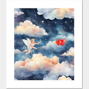 Cupid in the clouds in the starry sky Posters and Art